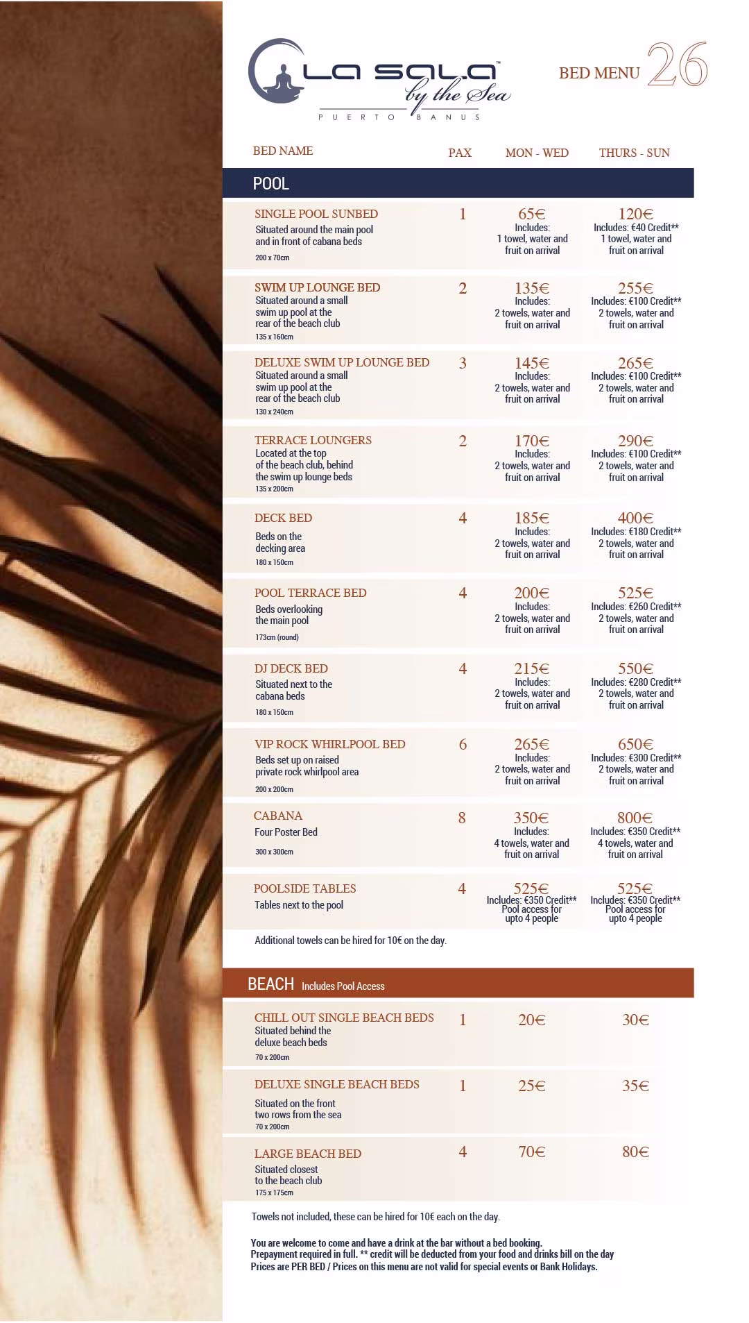 La Sala by the Sea Bed Menu La Sala by the Sea Bed Menu