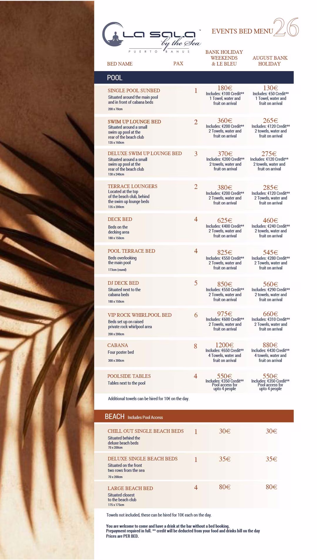 La Sala by the Sea Bed Menu La Sala by the Sea Bed Menu